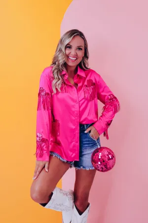 Western Bling Satin N Sequin Blouse - Pink