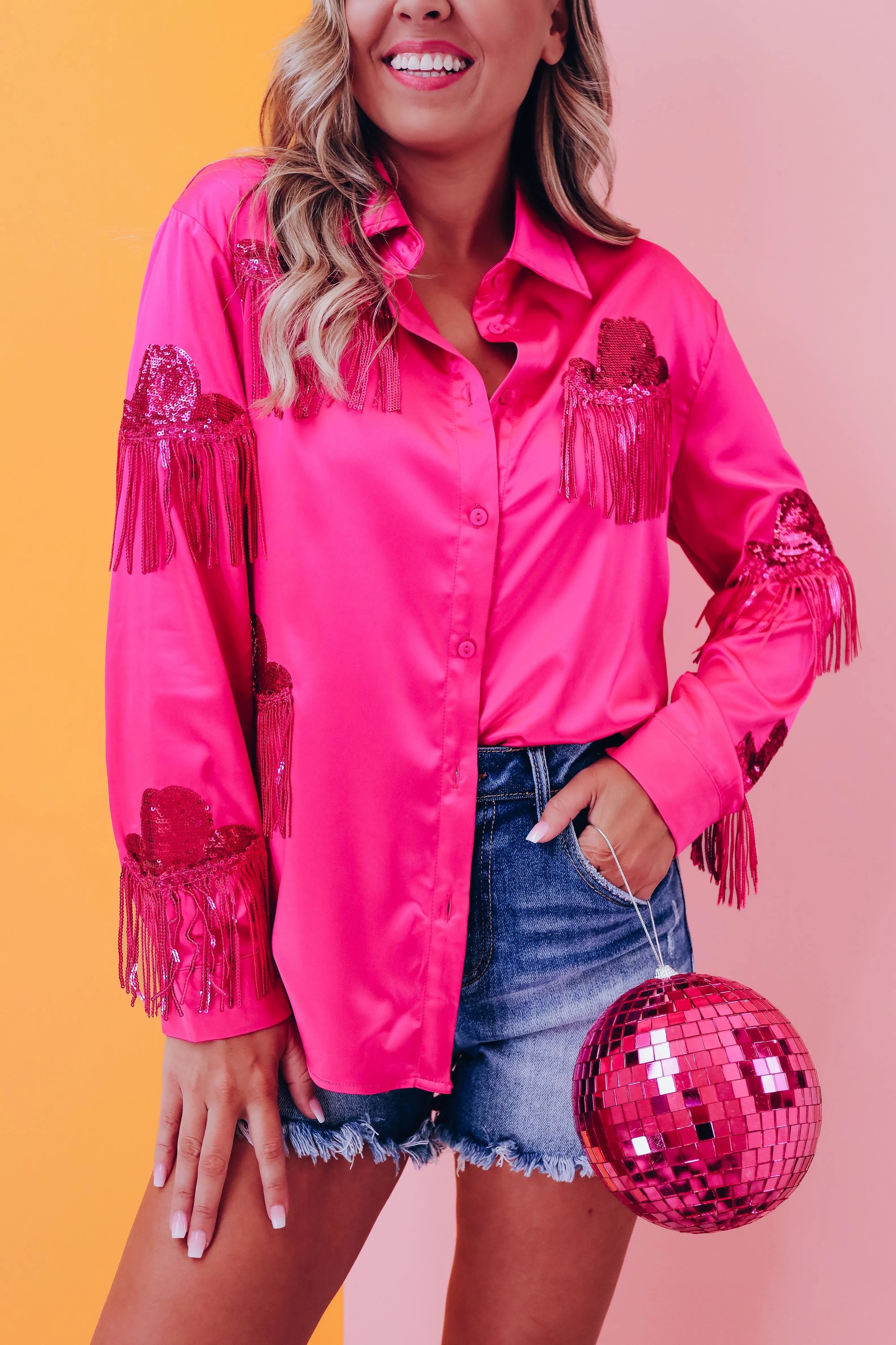 Western Bling Satin N Sequin Blouse - Pink