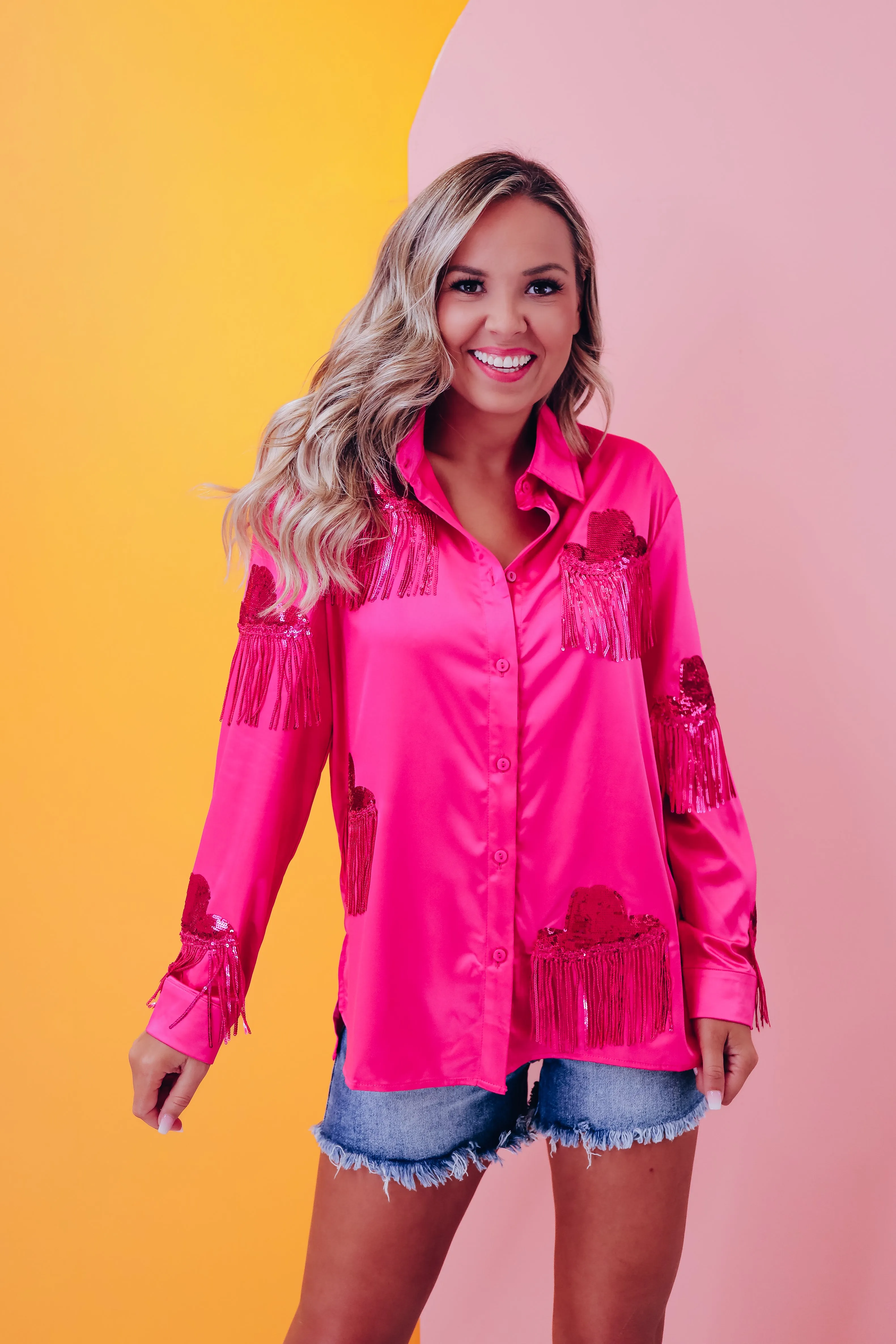 Western Bling Satin N Sequin Blouse - Pink