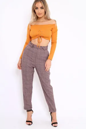 Wine Tartan Ring Belted Tapered Trousers - Klara