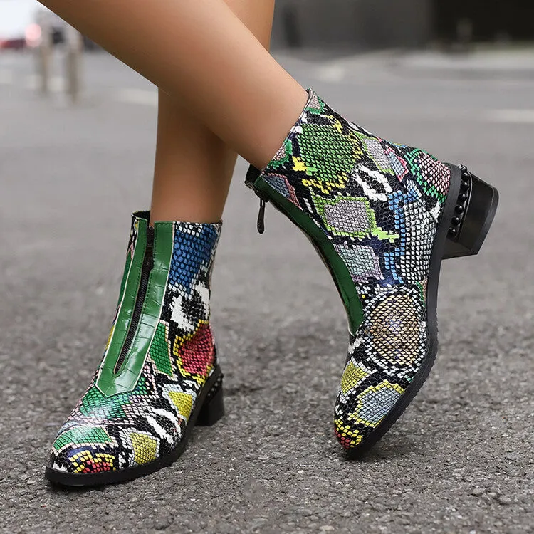 Women's Snake Print Pointed Toe Square Heel Ankle Boots