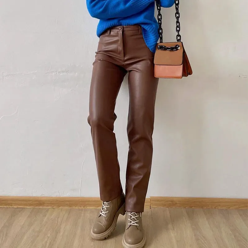 Women's Vegan Leather Pants Slim Fit Zipper Classic Faux Leather Trousers Pencil Pants for Women