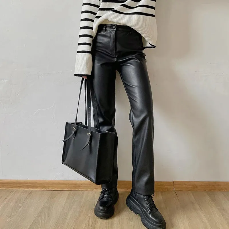 Women's Vegan Leather Pants Slim Fit Zipper Classic Faux Leather Trousers Pencil Pants for Women