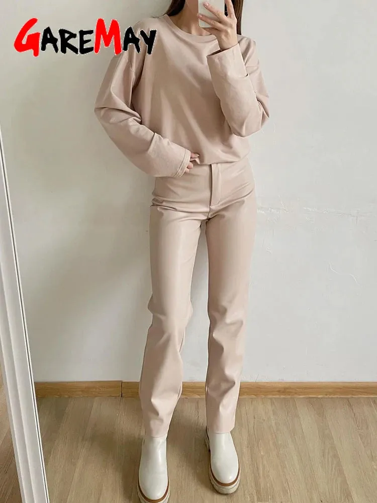 Women's Vegan Leather Pants Slim Fit Zipper Classic Faux Leather Trousers Pencil Pants for Women