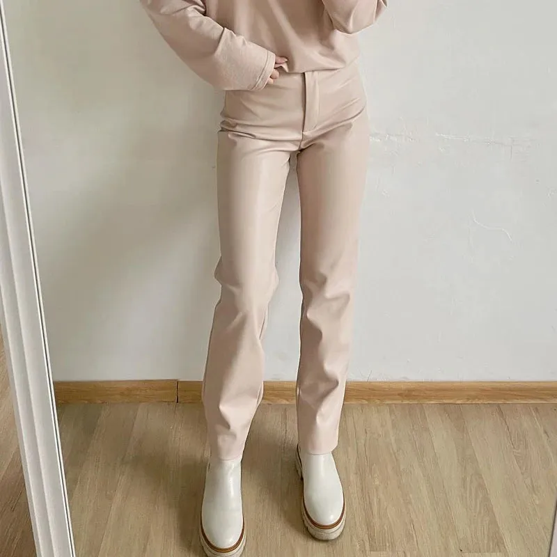 Women's Vegan Leather Pants Slim Fit Zipper Classic Faux Leather Trousers Pencil Pants for Women