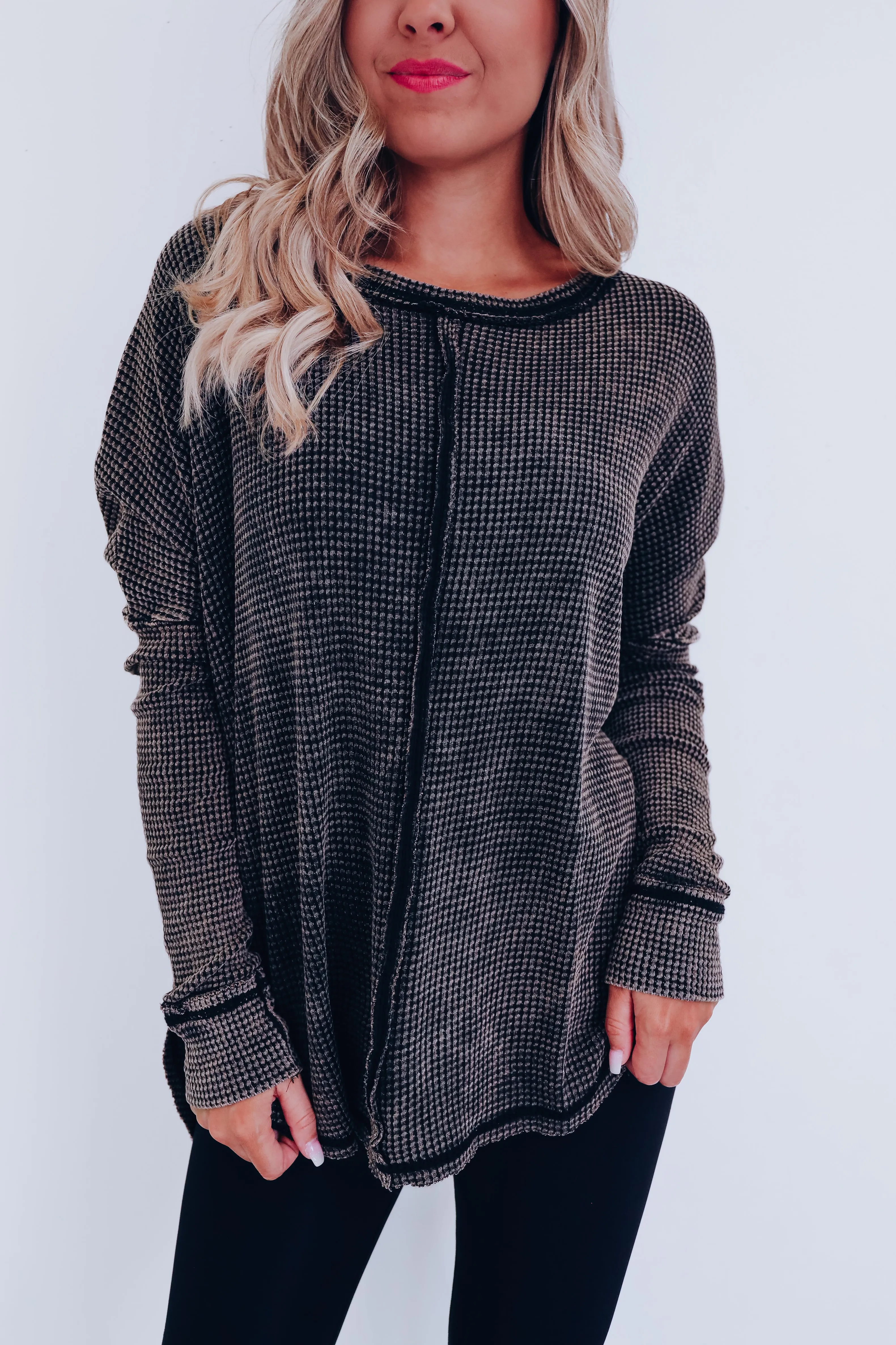 Wrenley Waffle Knit Top - Ash Black