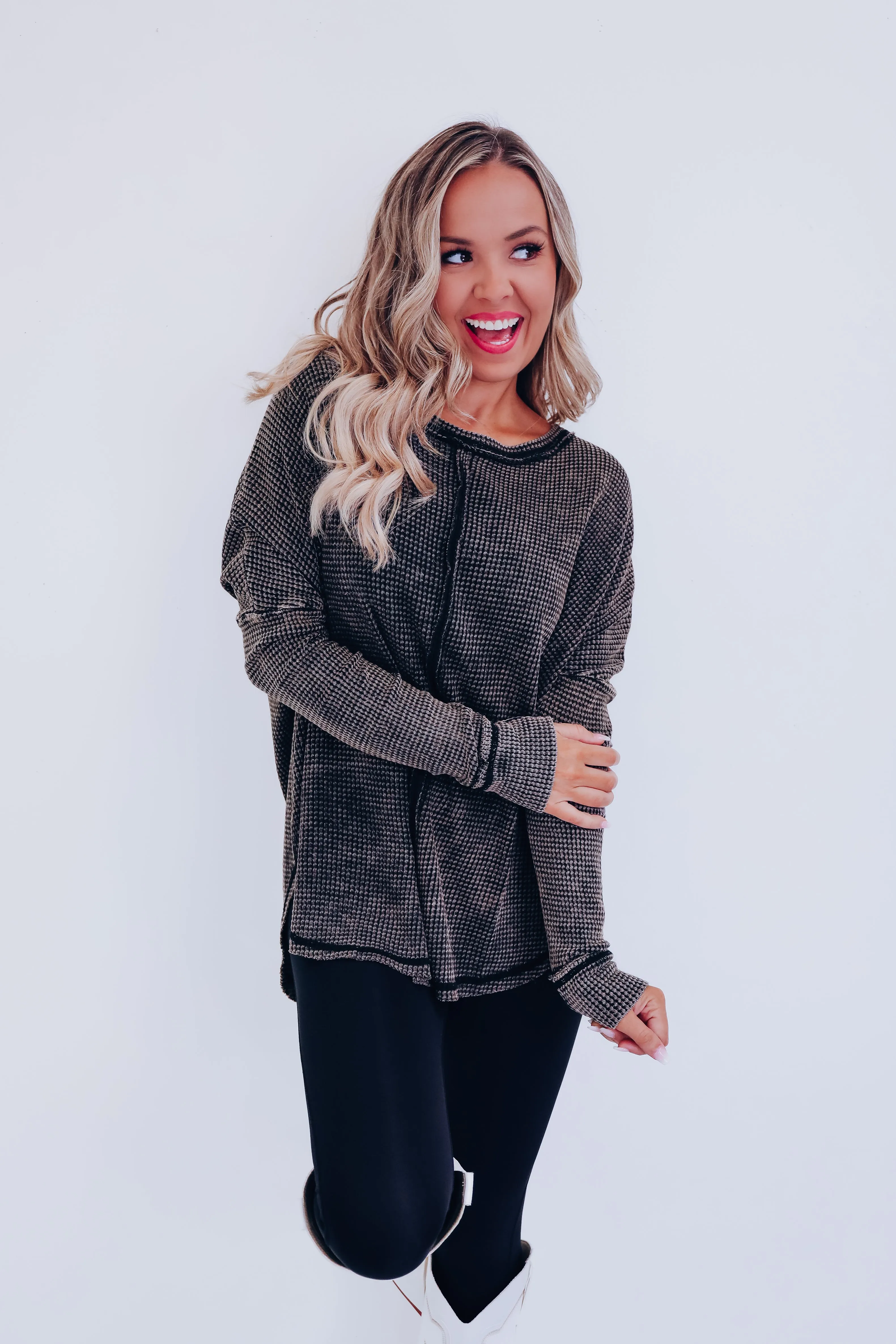 Wrenley Waffle Knit Top - Ash Black